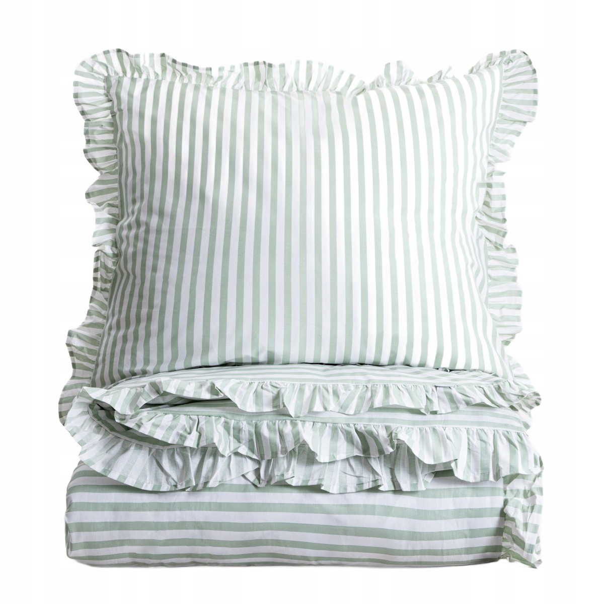 Pościel Trudy bawełniana w pistacjowe paski z falbanką 160x200 2*70x80 cm