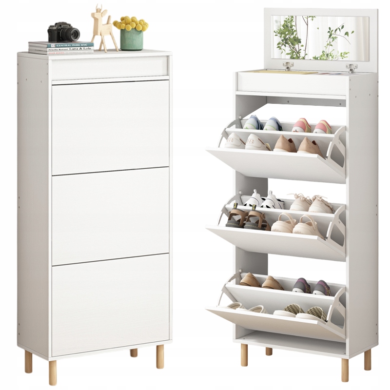 Skrinka Na Topánky Biela Úložný Priestor So Zrkadlom Loft Stojaci Regál Predsieň 55 CM