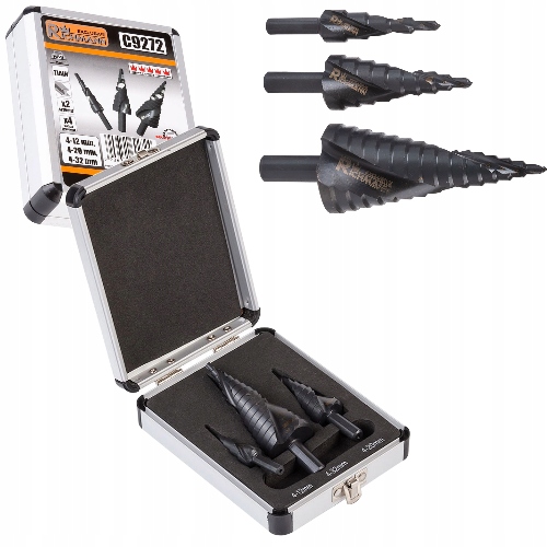 WIERTŁA CHOINKOWE STOPNIOWE SPIRALNE STOŻKOWE DO METALU 4-32 mm 3 SZT C9272