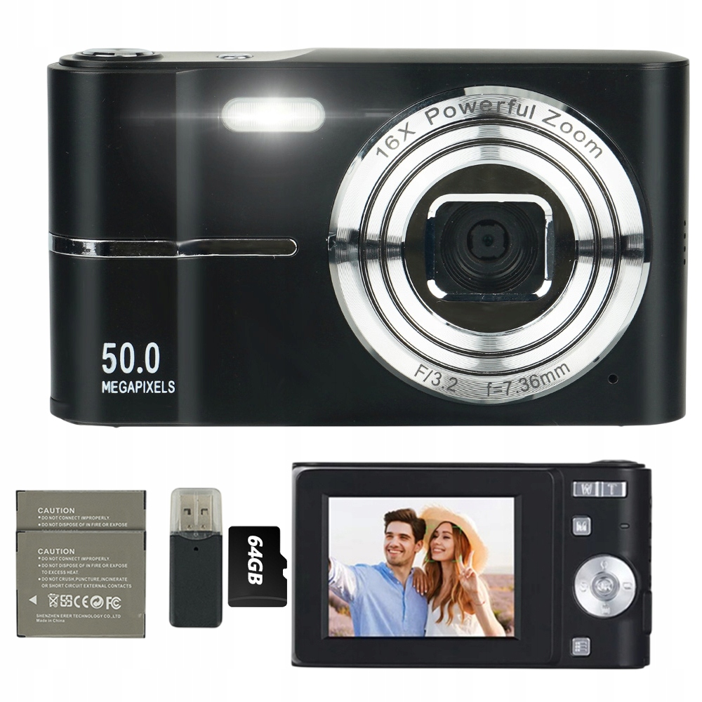 Digitální Fotoaparát Hd 50MP 16X Zoom S 2*700 Mah Aku A 64 Gb Kartou Růžový 2.4 Palců