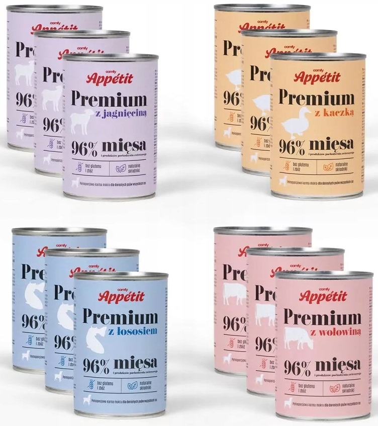 Comfy Appetit Premium Mokra karma dla psa 96% mięsa MIX 4 Smaków 400g x 12