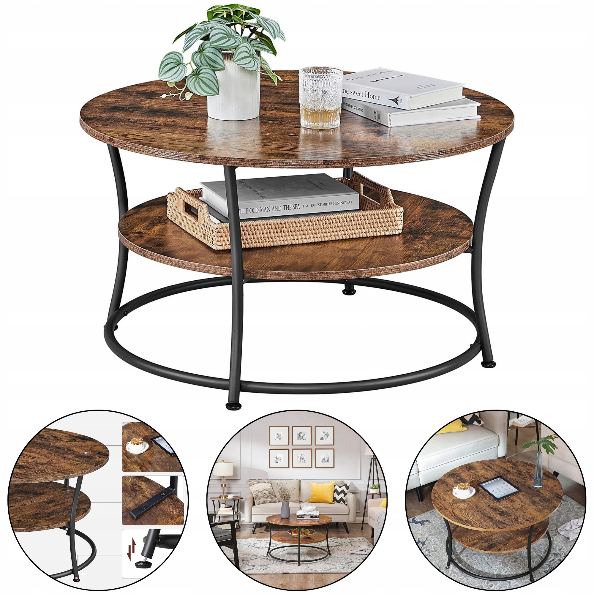 Konferenční Stolek Kulatý Do Obývacího Pokoje S Poličkou 80 CM Rustikální Hnědý Loft