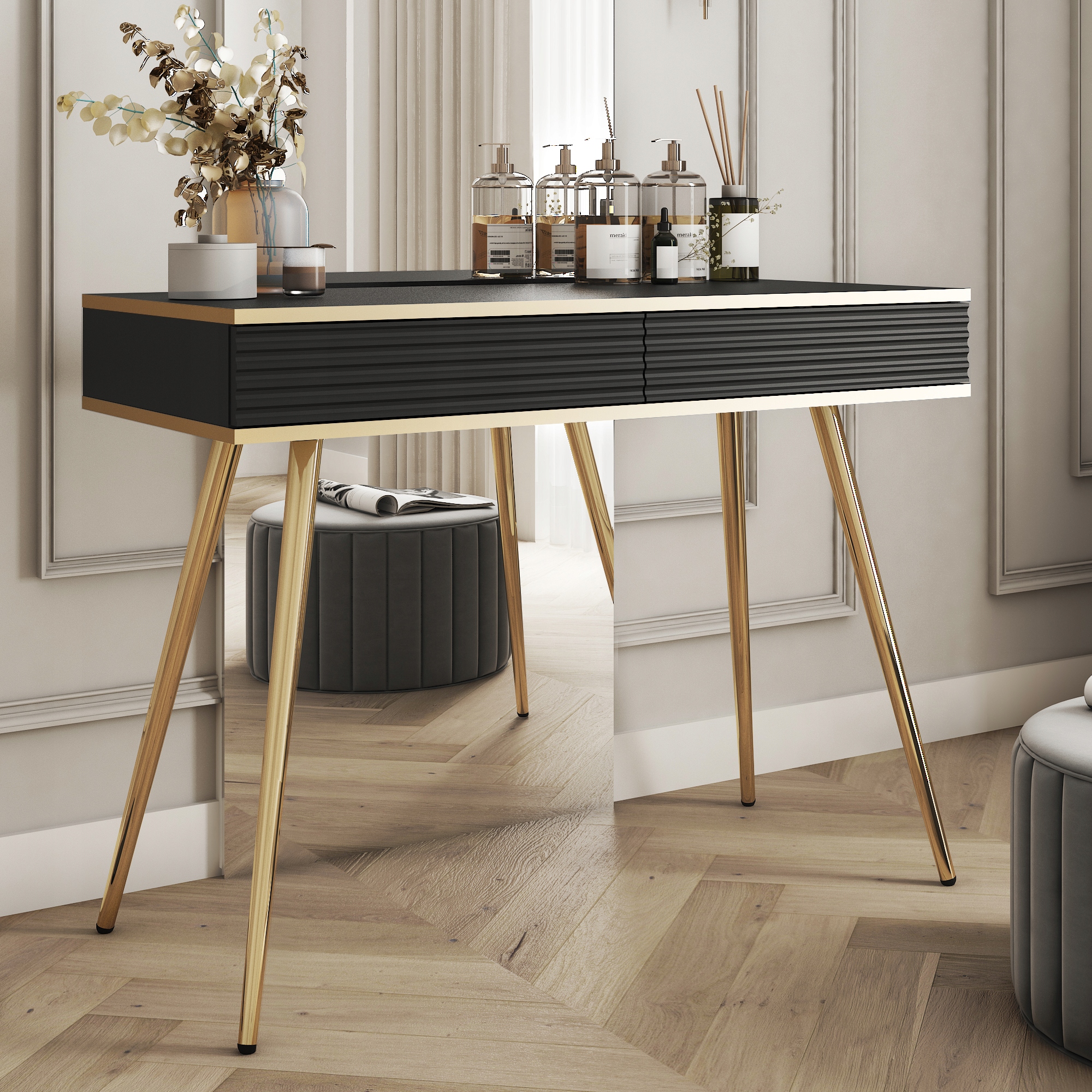 Komodee Elegantný toaletný stolík Banff T102 Mdf, čierny, zlaté nohy, zdobenie