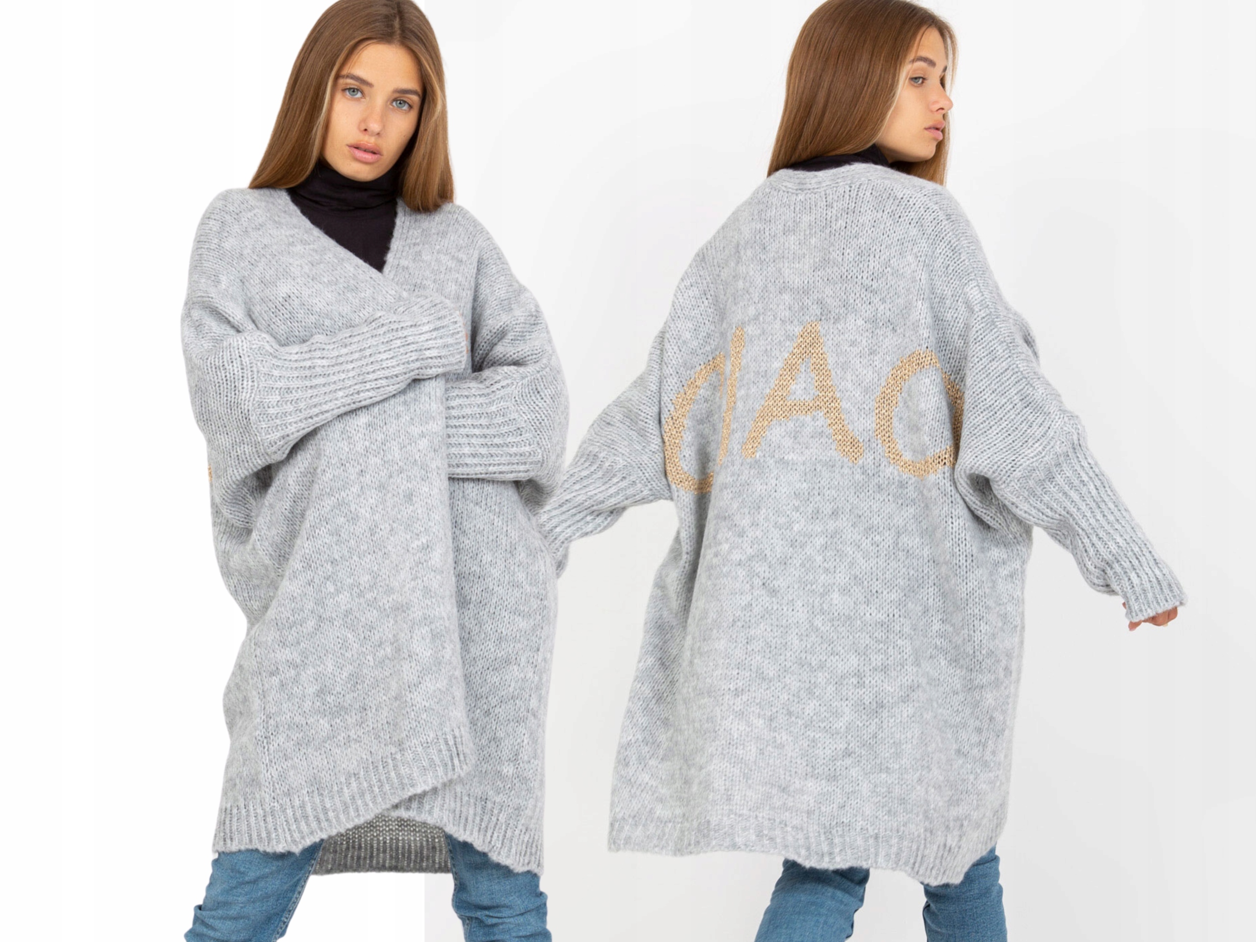 Kardigan dámský teplý oversize svetr s vlnou, šedý