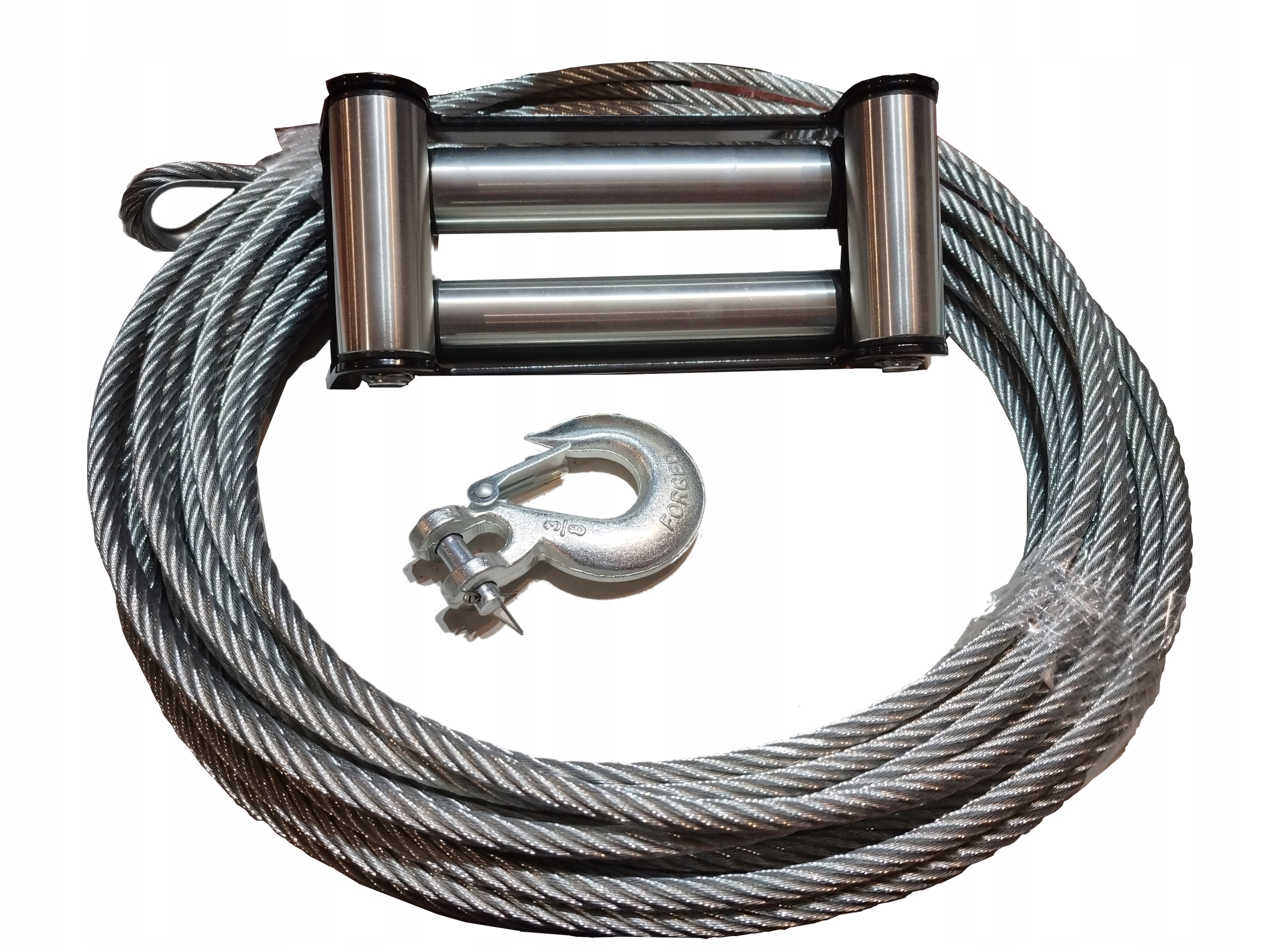 ZESTAW LINA STALOWA 25M DO WYCIĄGRAKI WCIĄGARKI + ROLKI + HAK 4X4