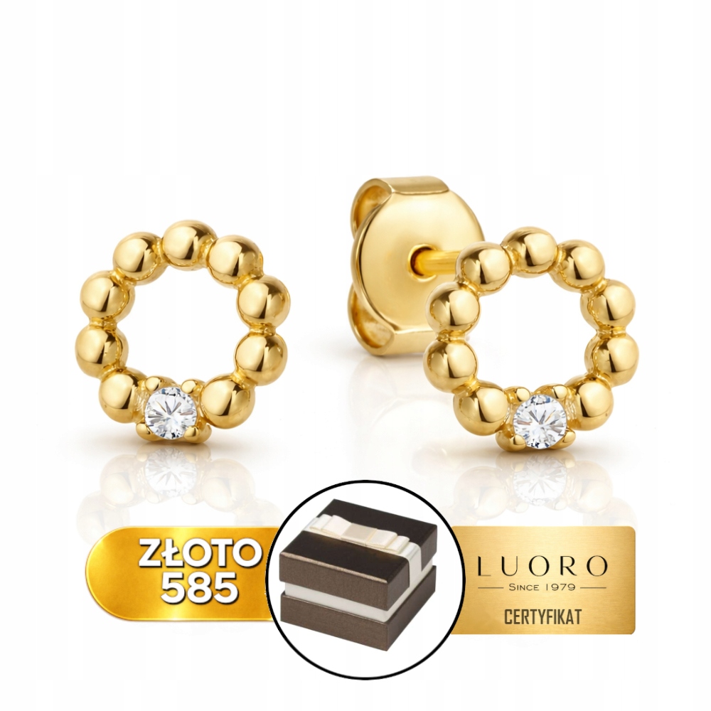 Náušnice Zlaté 585 14K Kroužek S Kuličkami Zirkon Průměr 0,6 CM Tužka