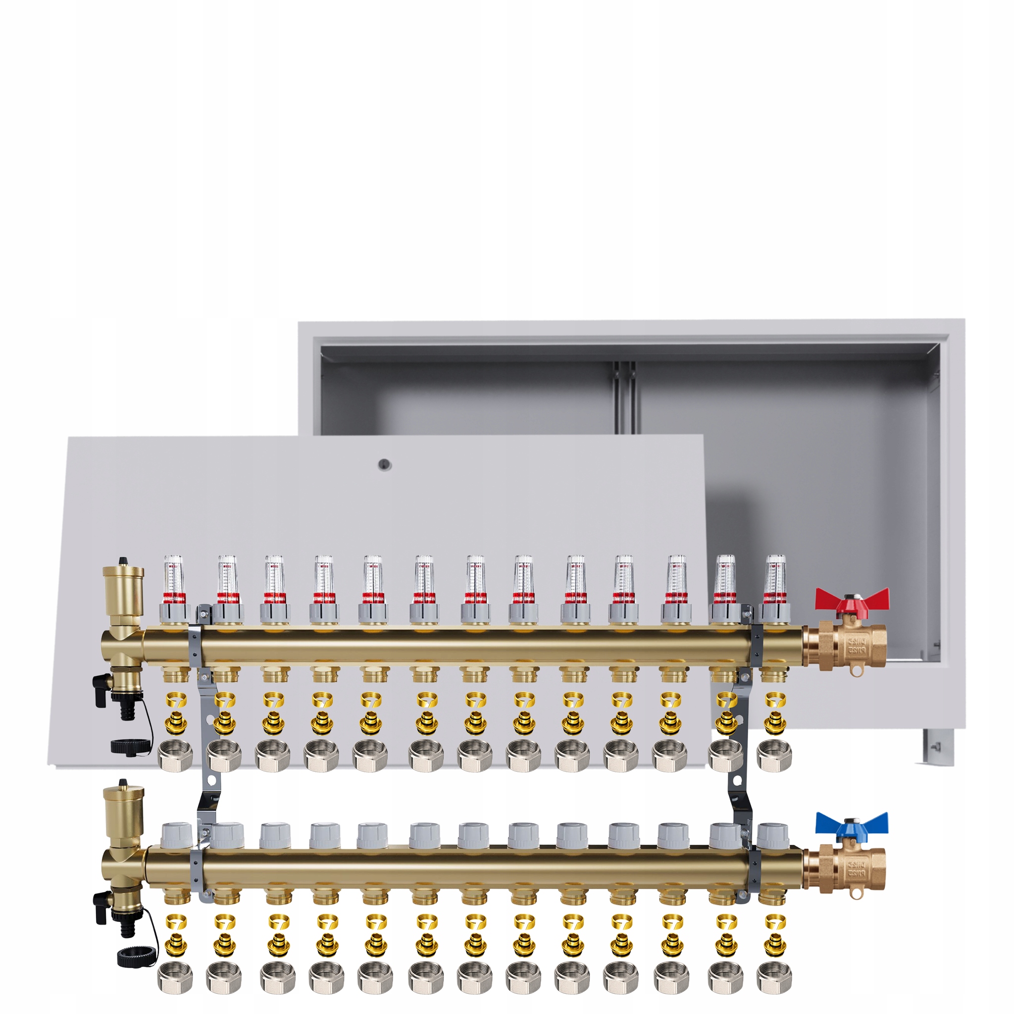 Rozdělovač podlahový mosazný 13 okruhů Podomítková skříň Ventily Pex