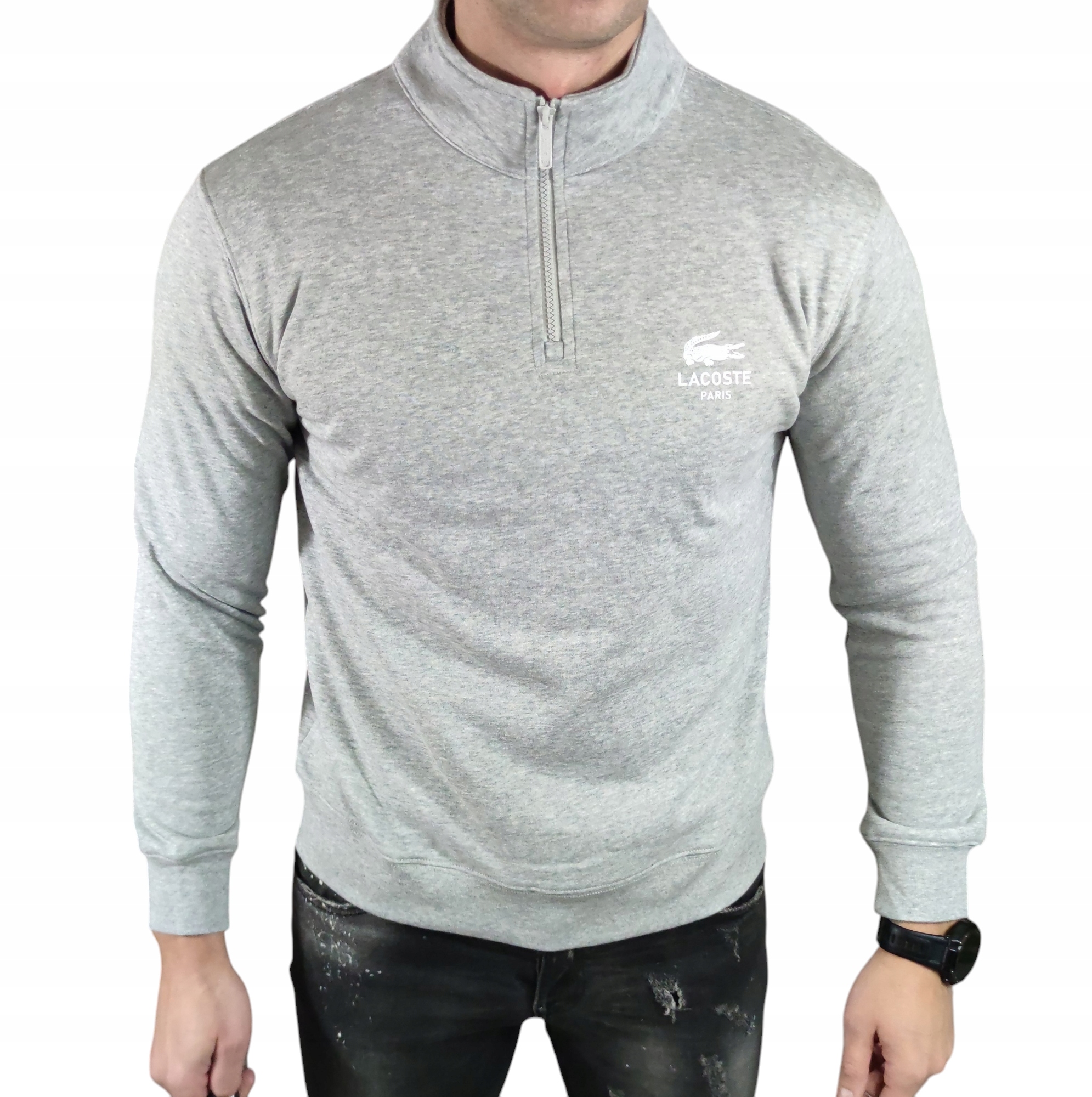 Mikina Lacoste SH2735-98 se zapínáním pod krkem, barva světle šedá XXL