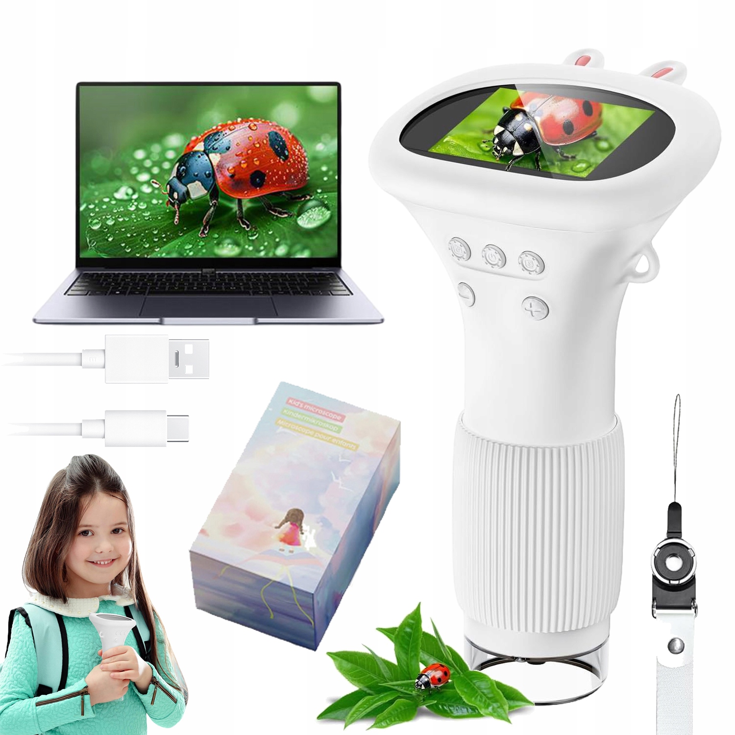 Przenośny Mikroskop Led Dla Dzieci 1000X Ekran 2 Cala 600MAH Usb Biały