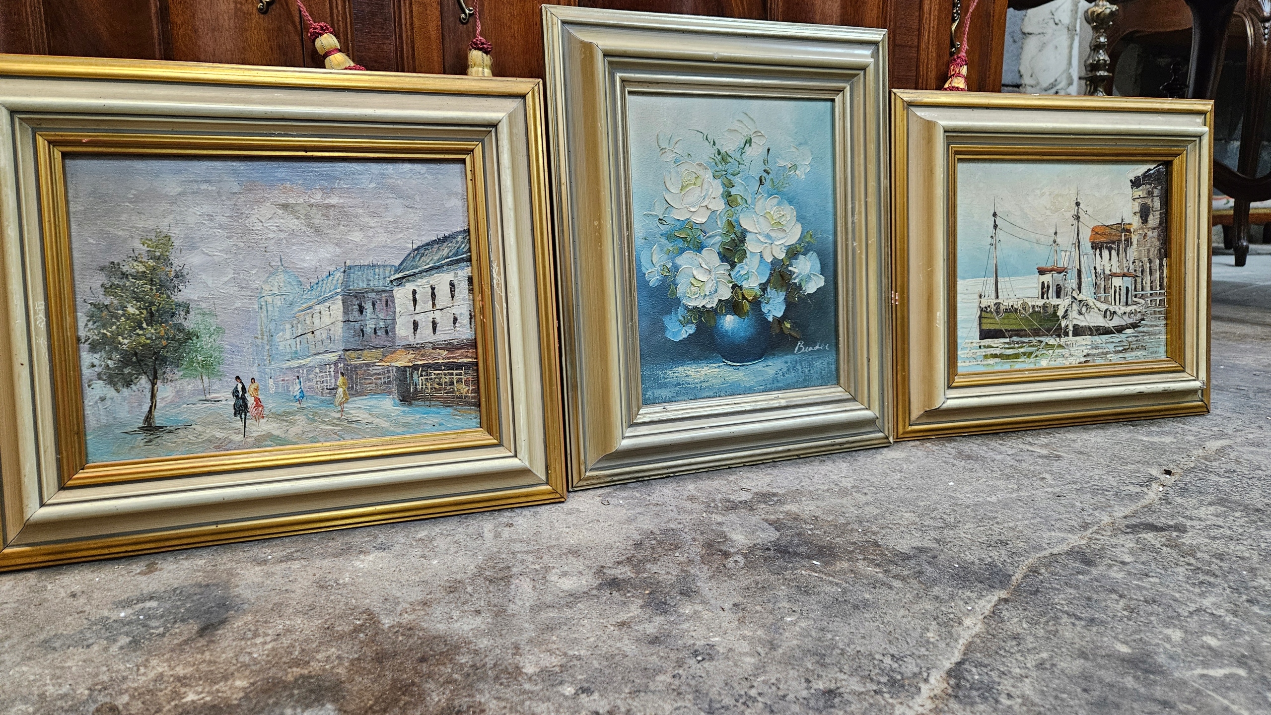 Stary Piękny Komplet Trzy obrazki Malowane