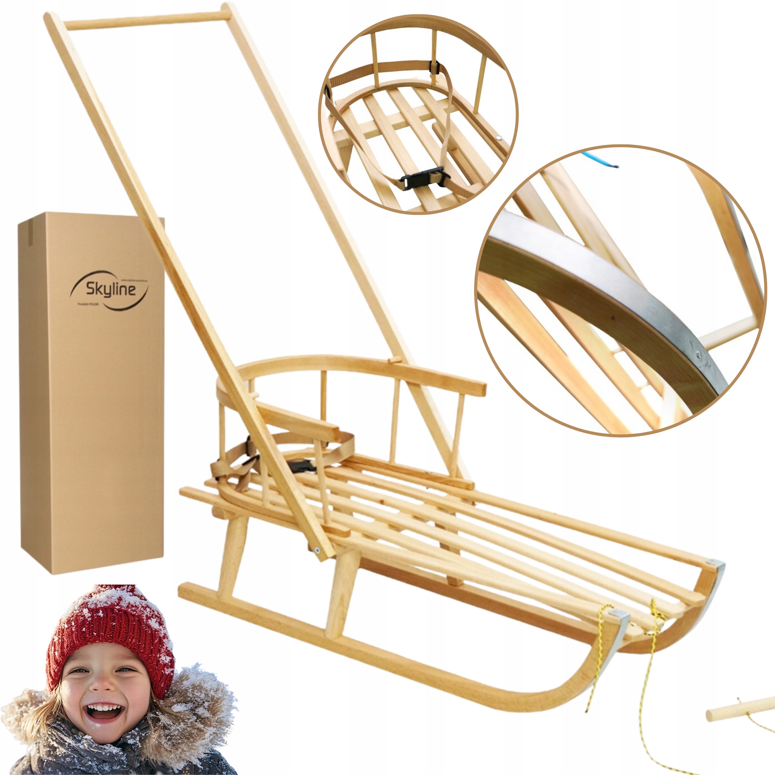 Sanki drewniane z oparciem i pchaczem dla dziecka Polskie Zima