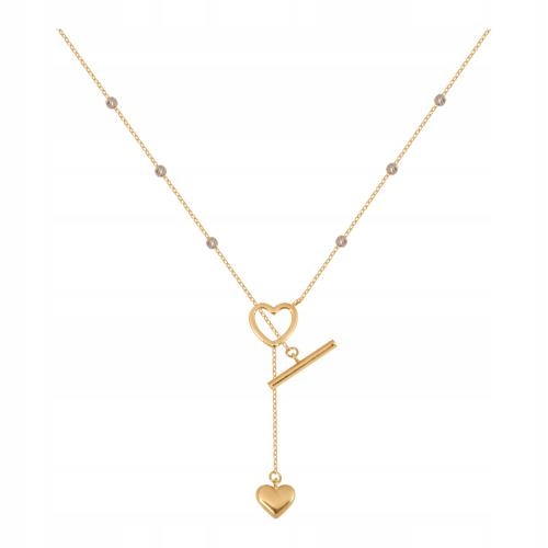 Jemný zlatý náhrdelník ryzosti 585 s „kravatou“ zakončený dvěma srdíčky