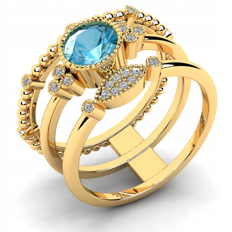 

Pierścionek Złoty Trzyrzędowy Z Niebieską Cyrkonią