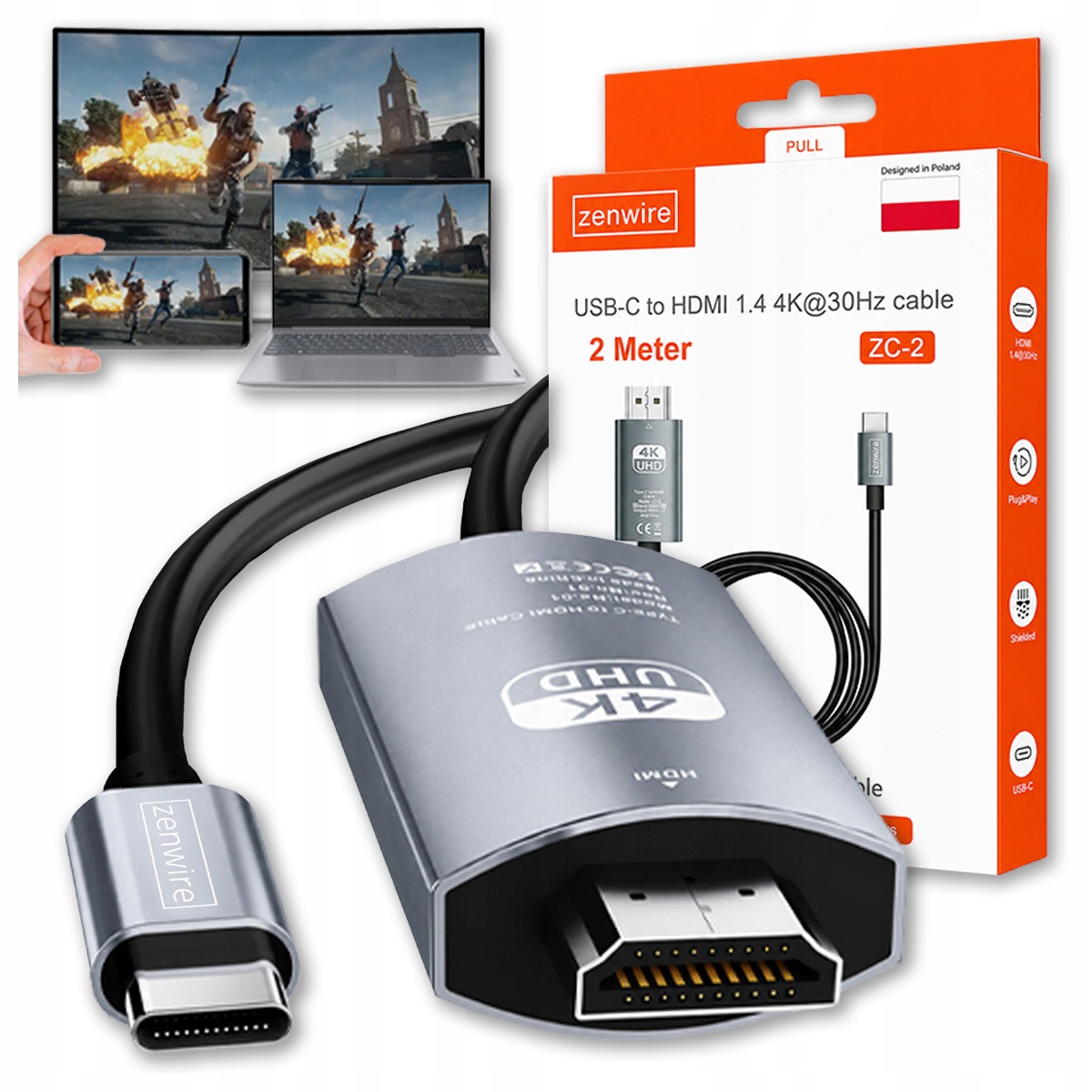 Kabel Adapter Przejściówka Usb-c 3.1 Hdmi 4K Mhl Typ C do Telefonu Macbooka