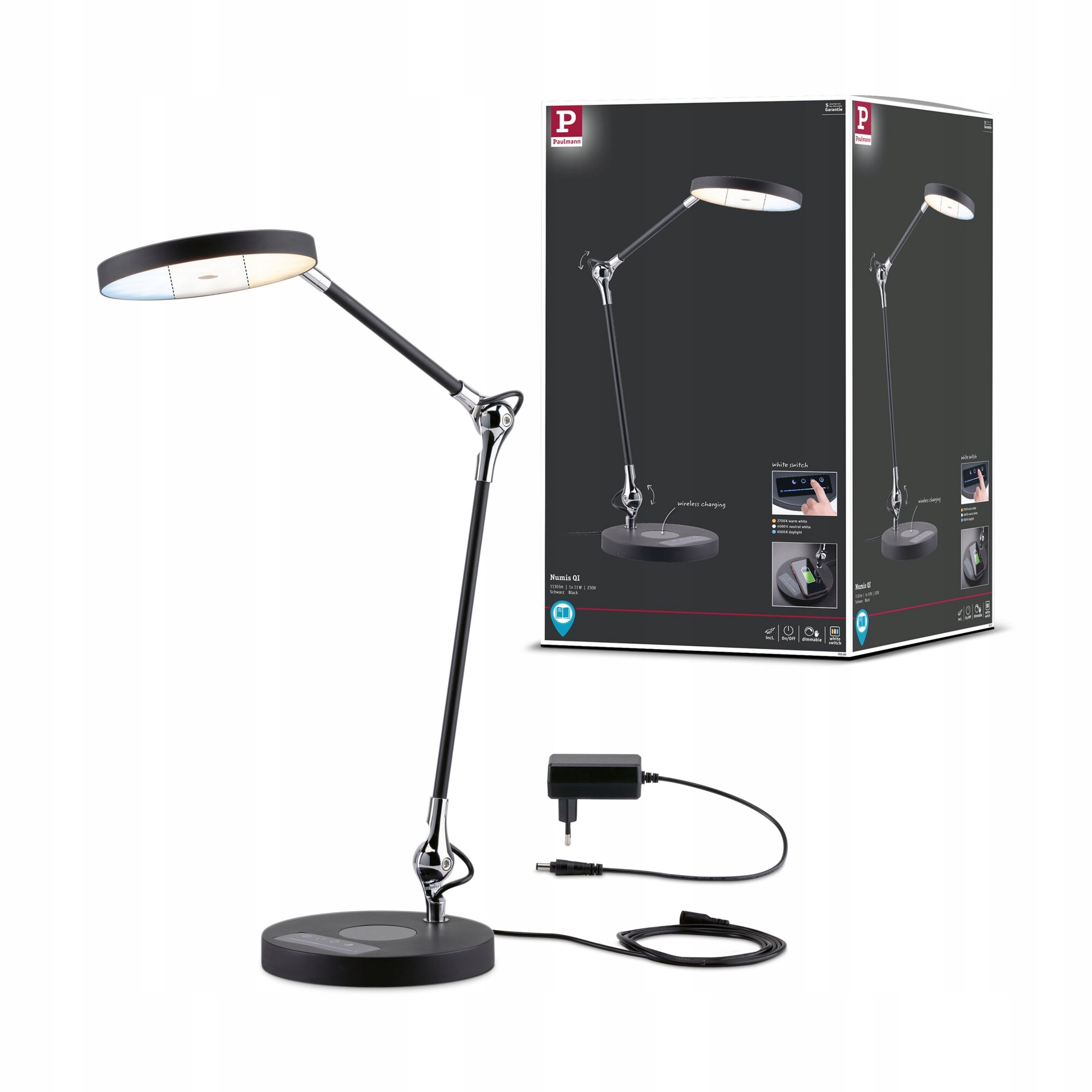 Lampa Biurkowa Numis Qi Led Tryb Nocny Ładowarka Indukcyjna Alumini PL78910