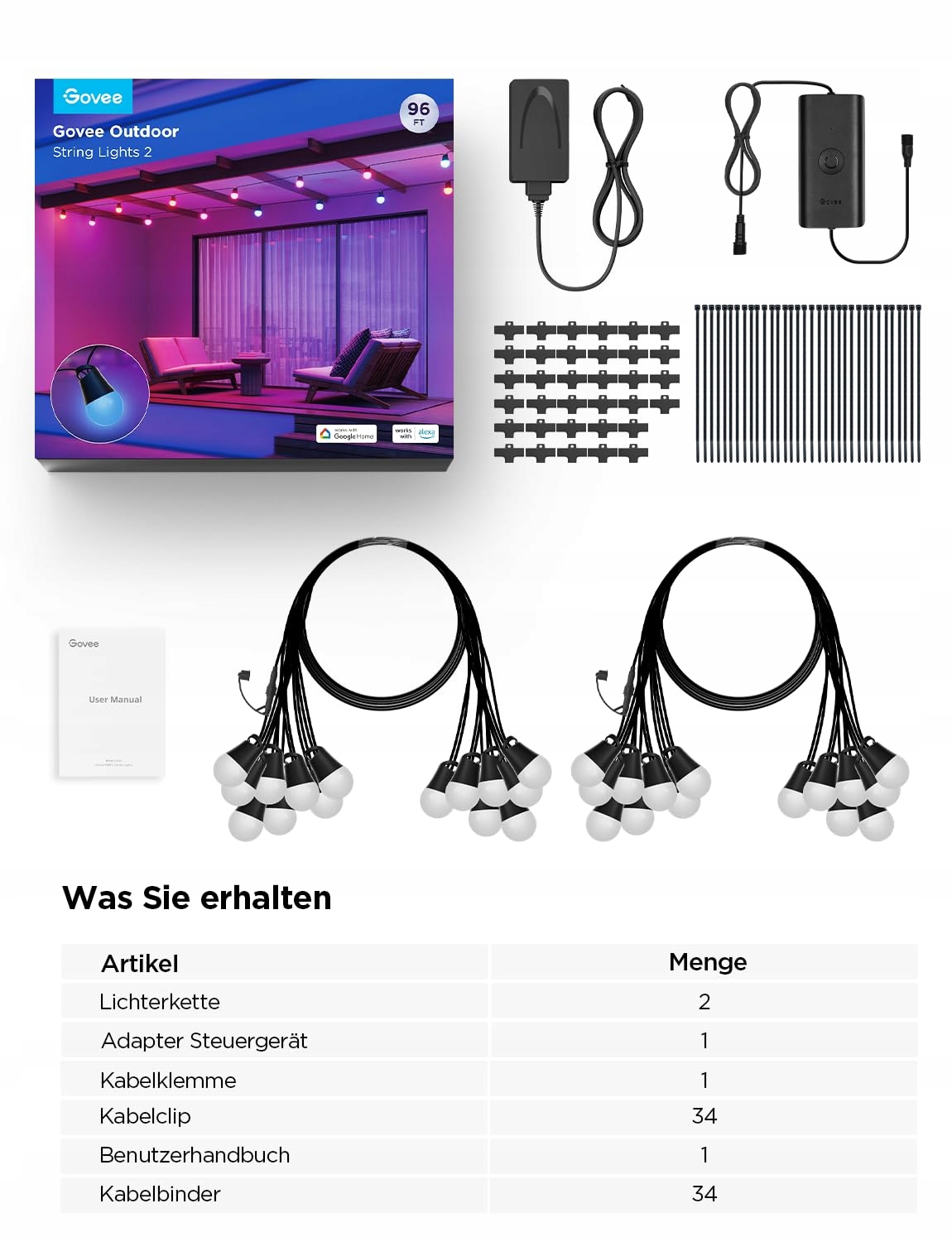 GOVEE Inteligentne Lampki Zewnętrzne 30M RGBIC LED IP65 Alexa App — miniatura 8