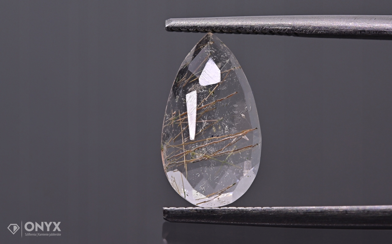 Křemen s rutilem fazetovaná slzná růžice 12,5x7 mm