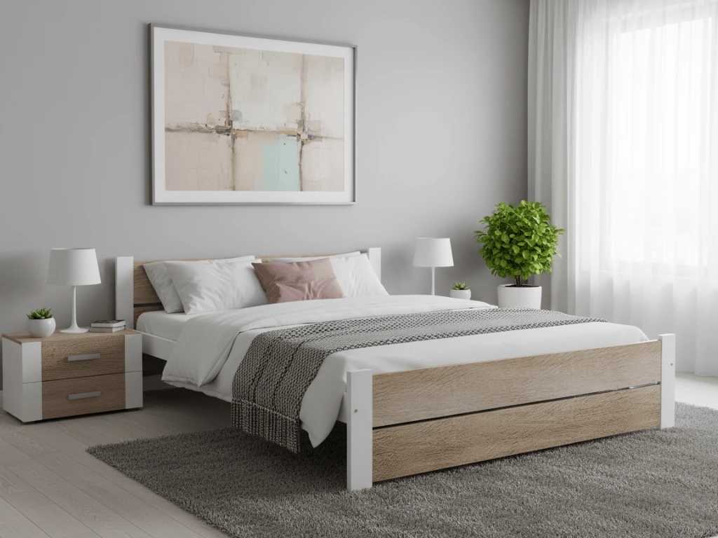 Postel Ikaros Double 160×200 cm, bílá/dub sonoma bez roštu, matr. Deluxe 10