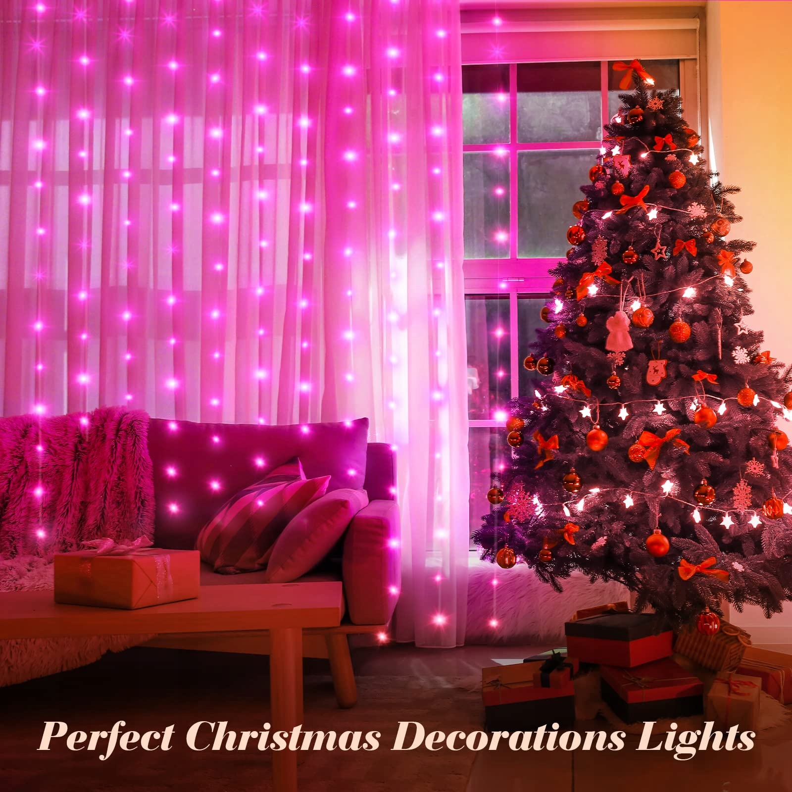 YIZHET Kurtyna Świetlna Girlanda Lampki Różowe 300 LED 3x3m 8 Trybów IP65 — miniatura 4