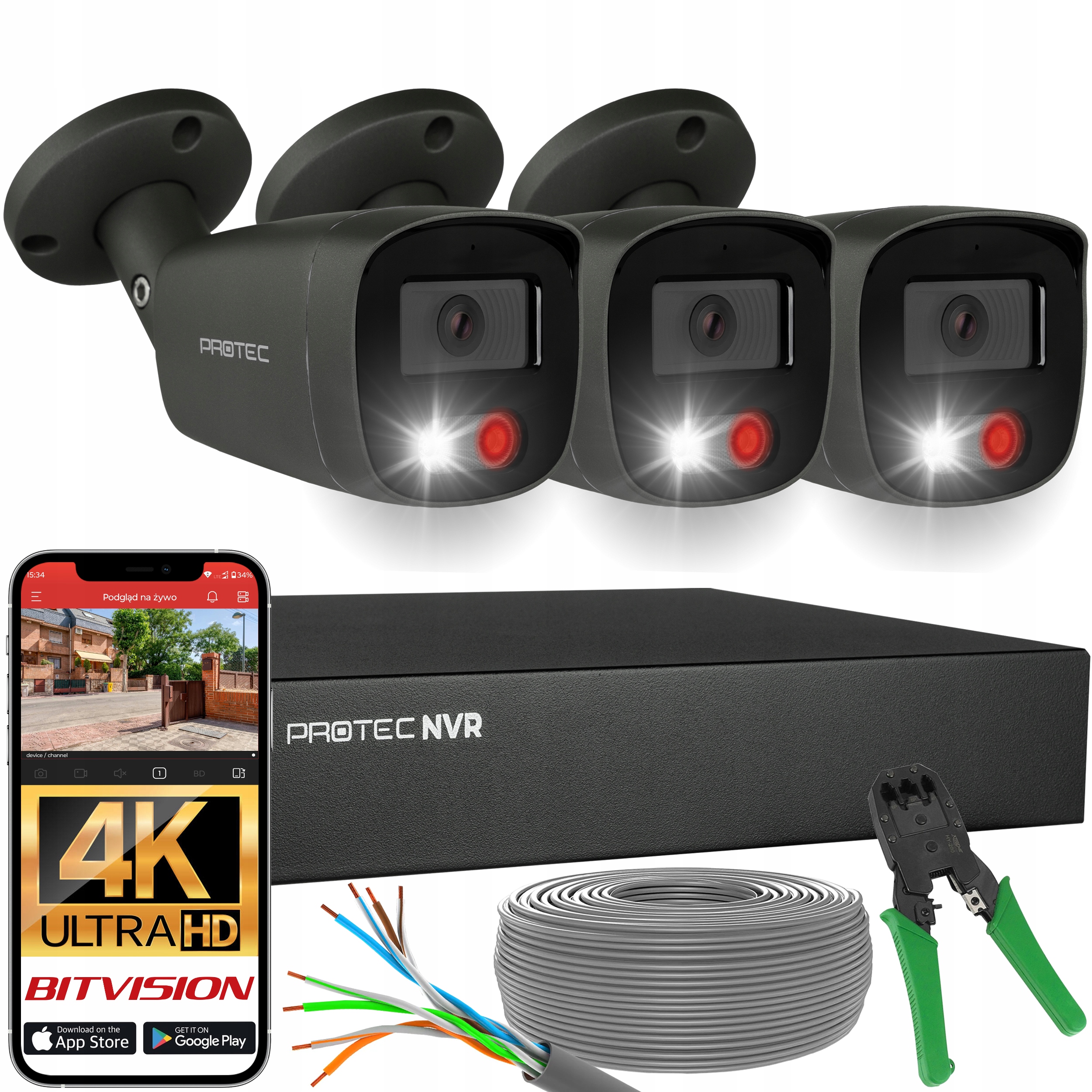 Digitální monitorovací sada 3x kamera 4K Ip PoE venkovní audio grafitová