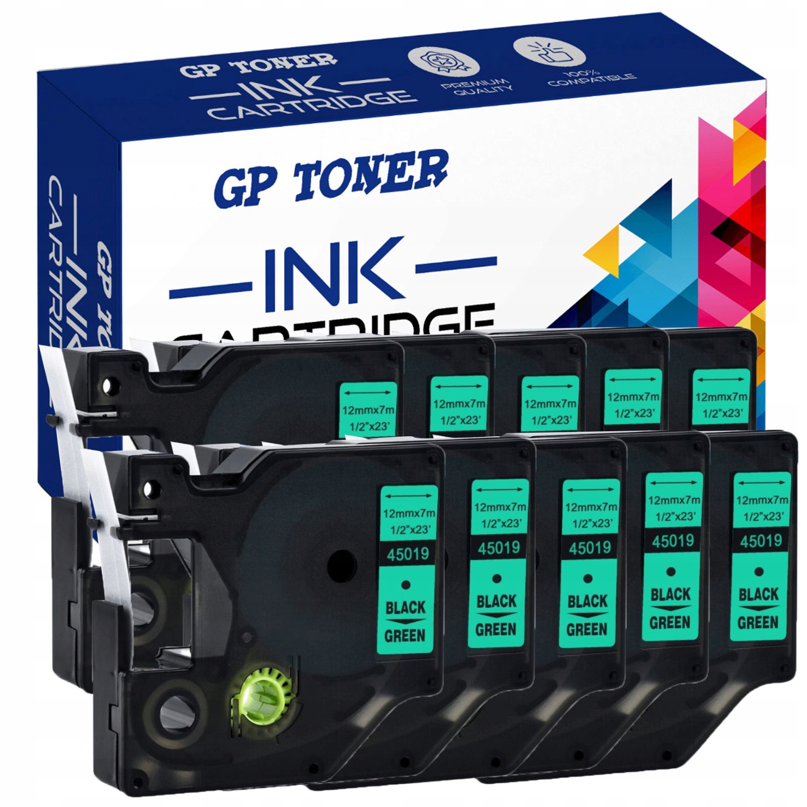 10 x páska pro Dymo D1 45019 zelená, černý potisk 12 mm Trvanlivá a spolehlivá