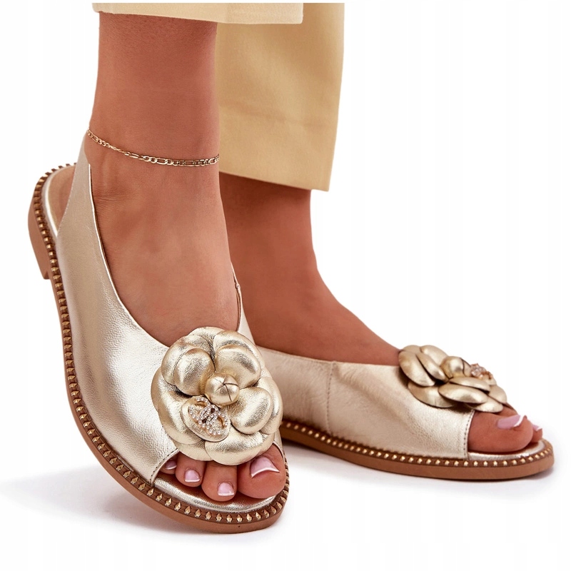 Dámské Kožené Ploché Sandály S Ozdobou, Nazouvací Chebello 4642 Zlaté 39
