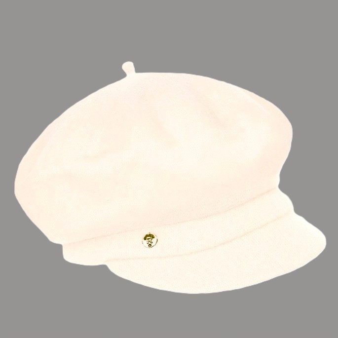 Bílý/Krémový vlněný baret s kšiltem, zimní dámská čepice/kaszkiet Rabionek