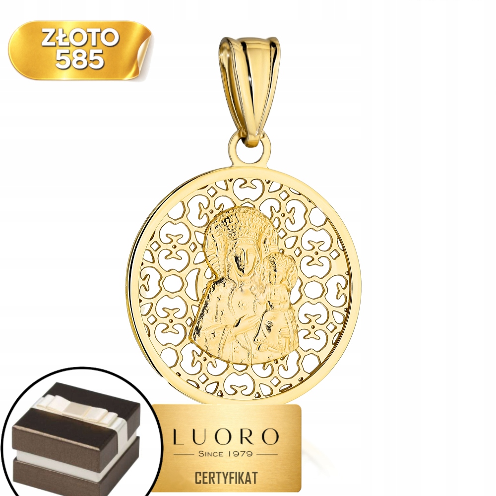 Zlatý Medailon 585 14K Matka Boží Ažurový Kruh 3 CM Jemný Dárek