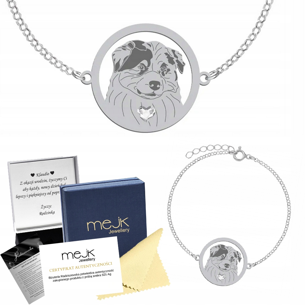 Stříbrný náramek s australským ovčákem 925 Dárek pro ženu Gravírování