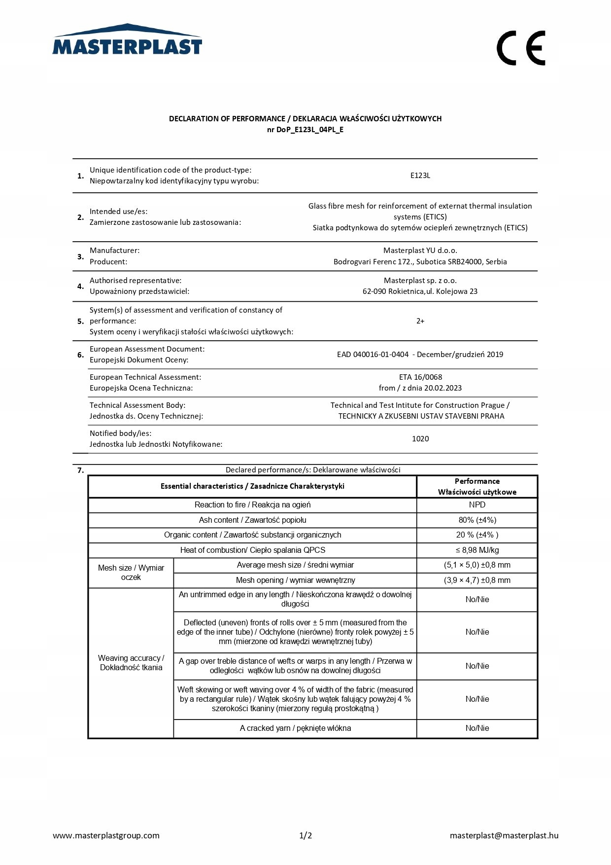 Siatka elewacyjna podtynkowa MASTERPLUS 160g 1/50m Jednostka sprzedaży m2