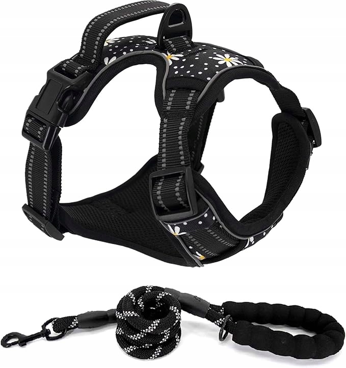 Levně Coowone Nastavitelné postroje a Vodítko sada pro psa XL černá s květinovou odrazkou