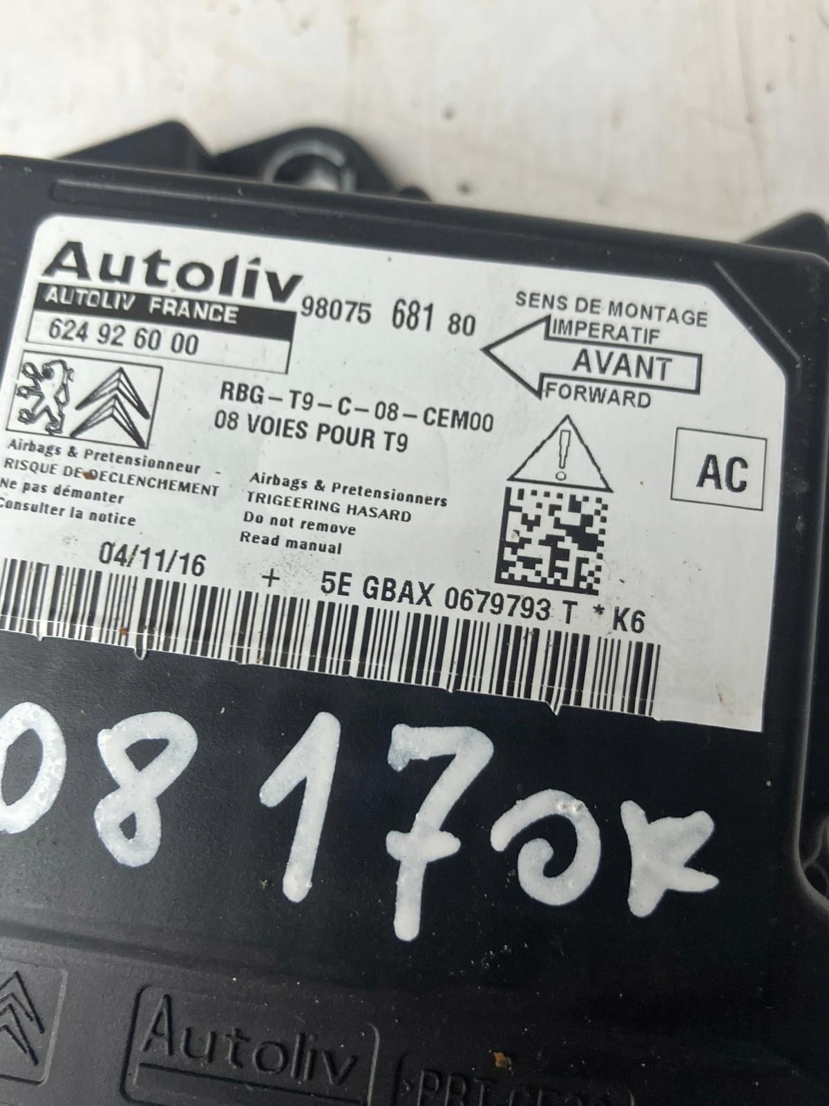 modulo SENSOR airbag PEUGEOT 308 T9 9807568180