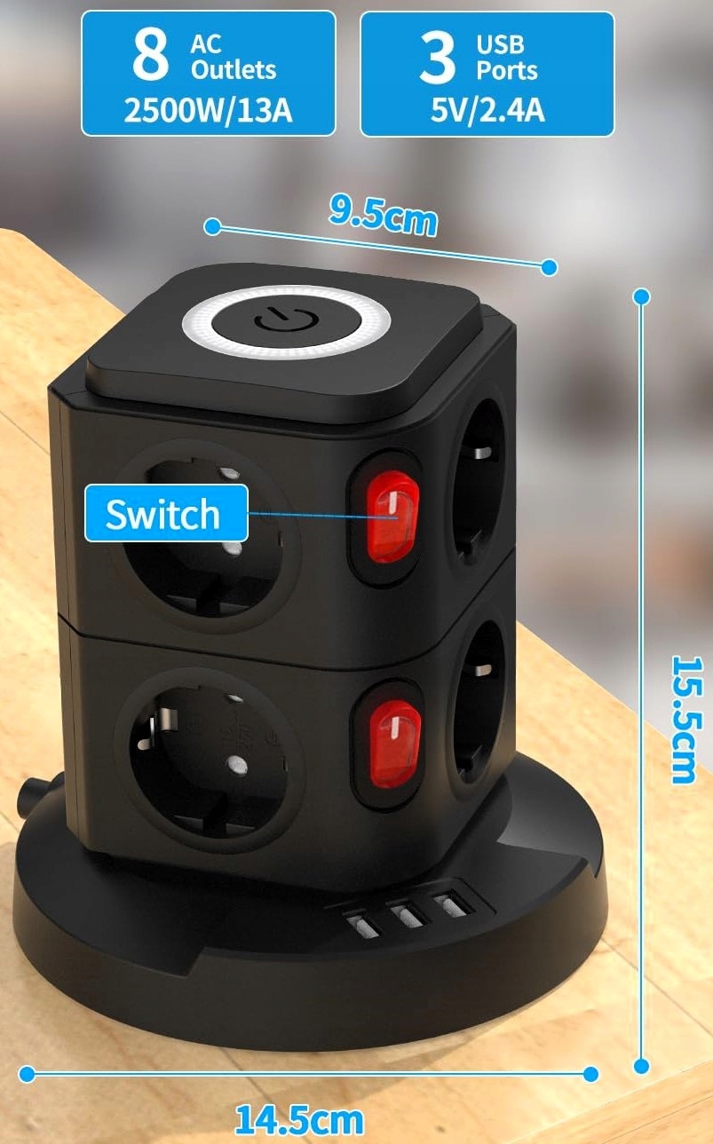 LISTWA PRZEPIĘCIOWA ZASILAJĄCA OCHRONNA 11w1 8 GNIAZDEK + 3 USB LAMPKA LED Kolor czarny