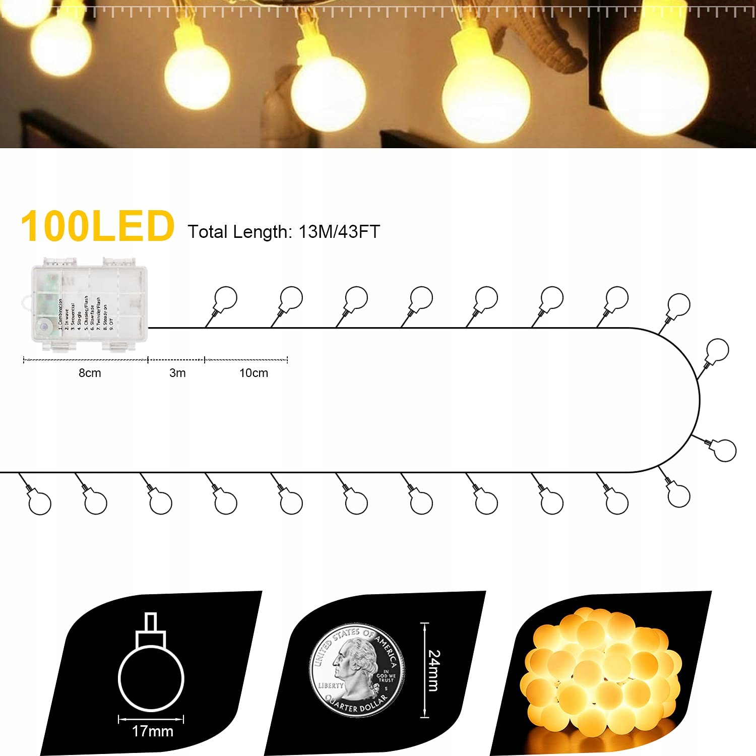 Fairy Wodoodporne Lampki Ogrodowe Girlanda 100 LED — miniatura 3