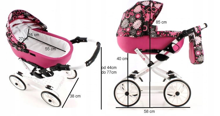 Duży Wózek dla lalki, lalkowy głęboki Adbor VIKI-07 + torebka + koszyk Kod producenta VIKI Vi-07