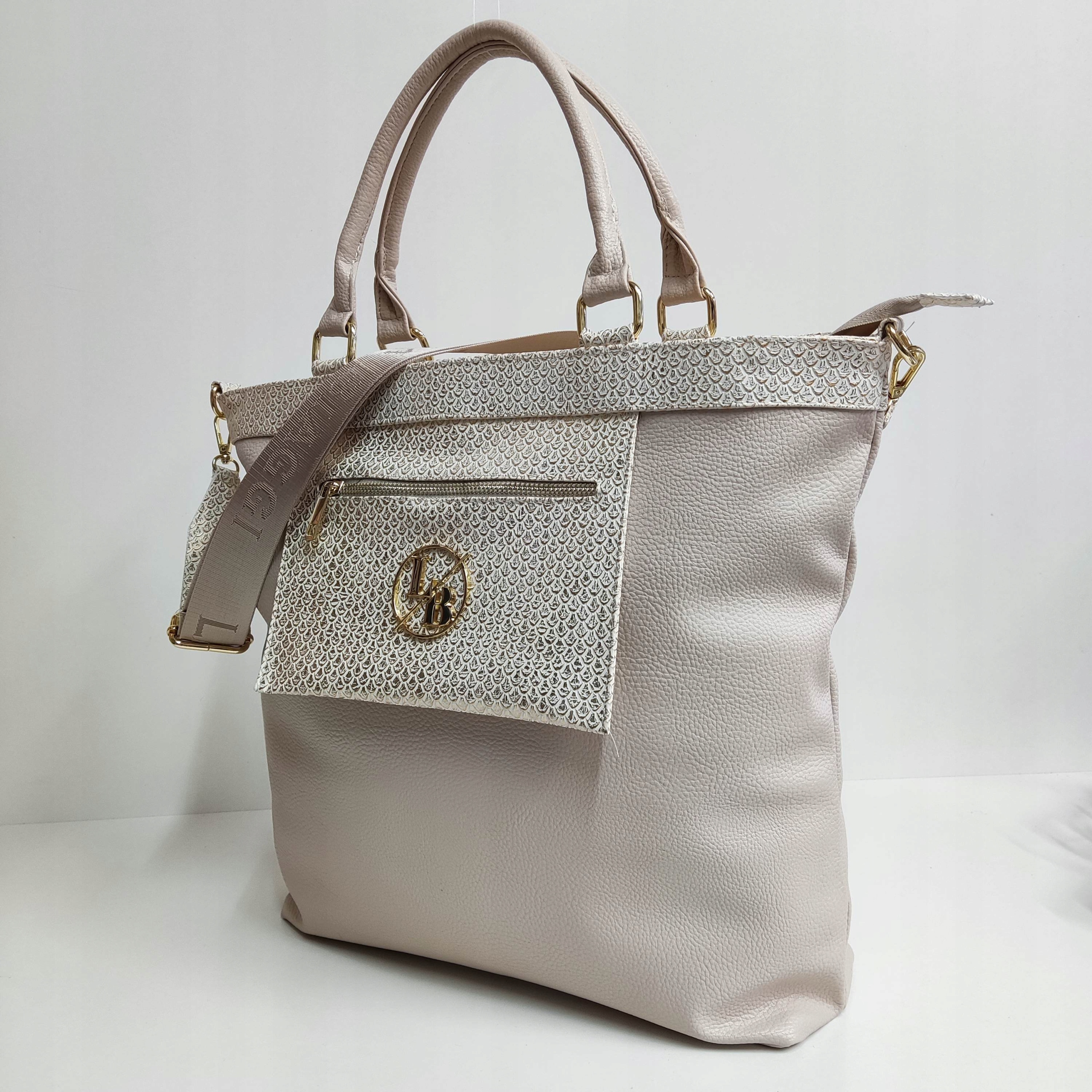 Torebka Shopper Laura Biaggi beżowa listonoszka Kolor dodatkowy złoty