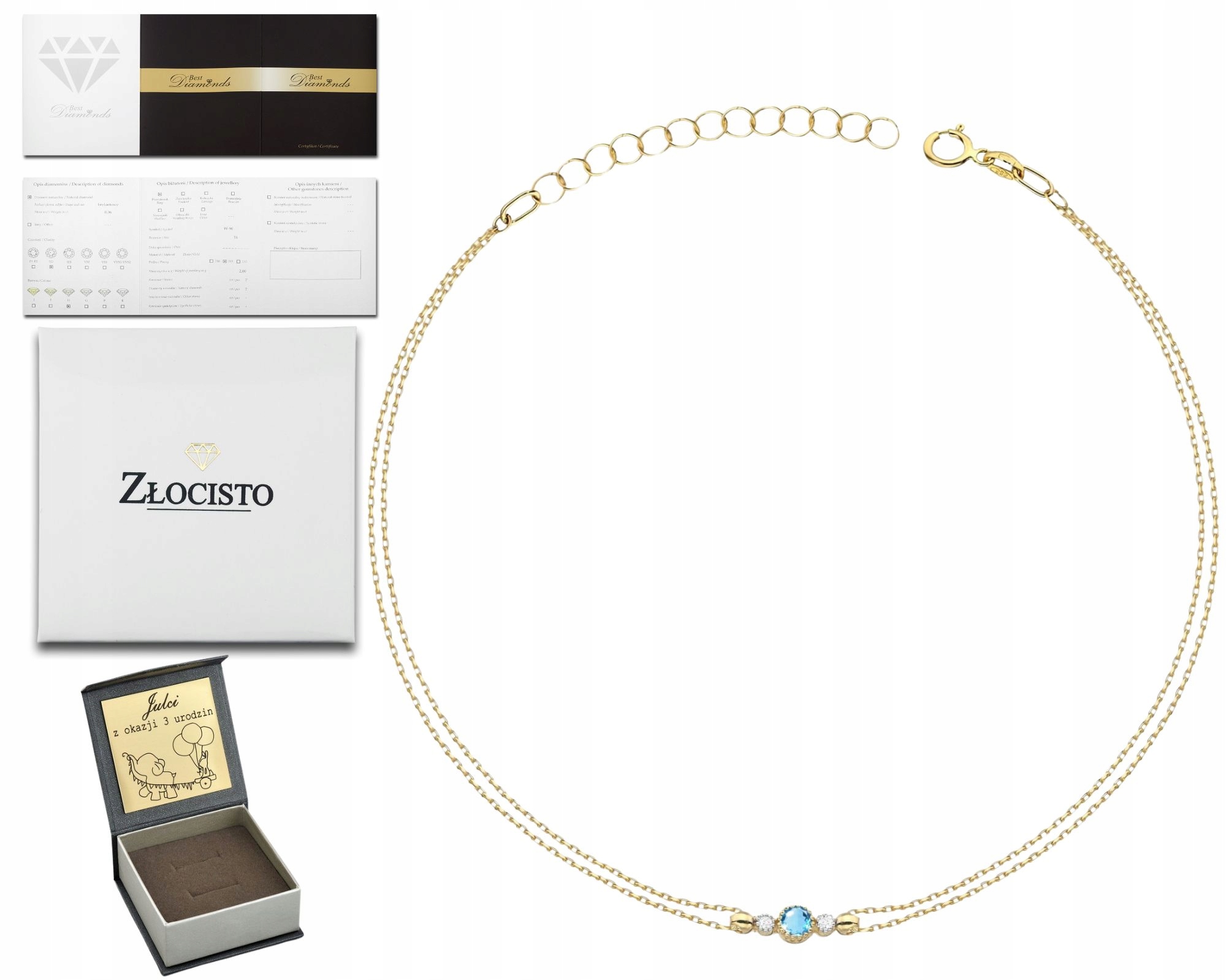 Zlatý Náramek S Tyrkysovým Topazem A Diamanty, Dvojitý Řetízek 585