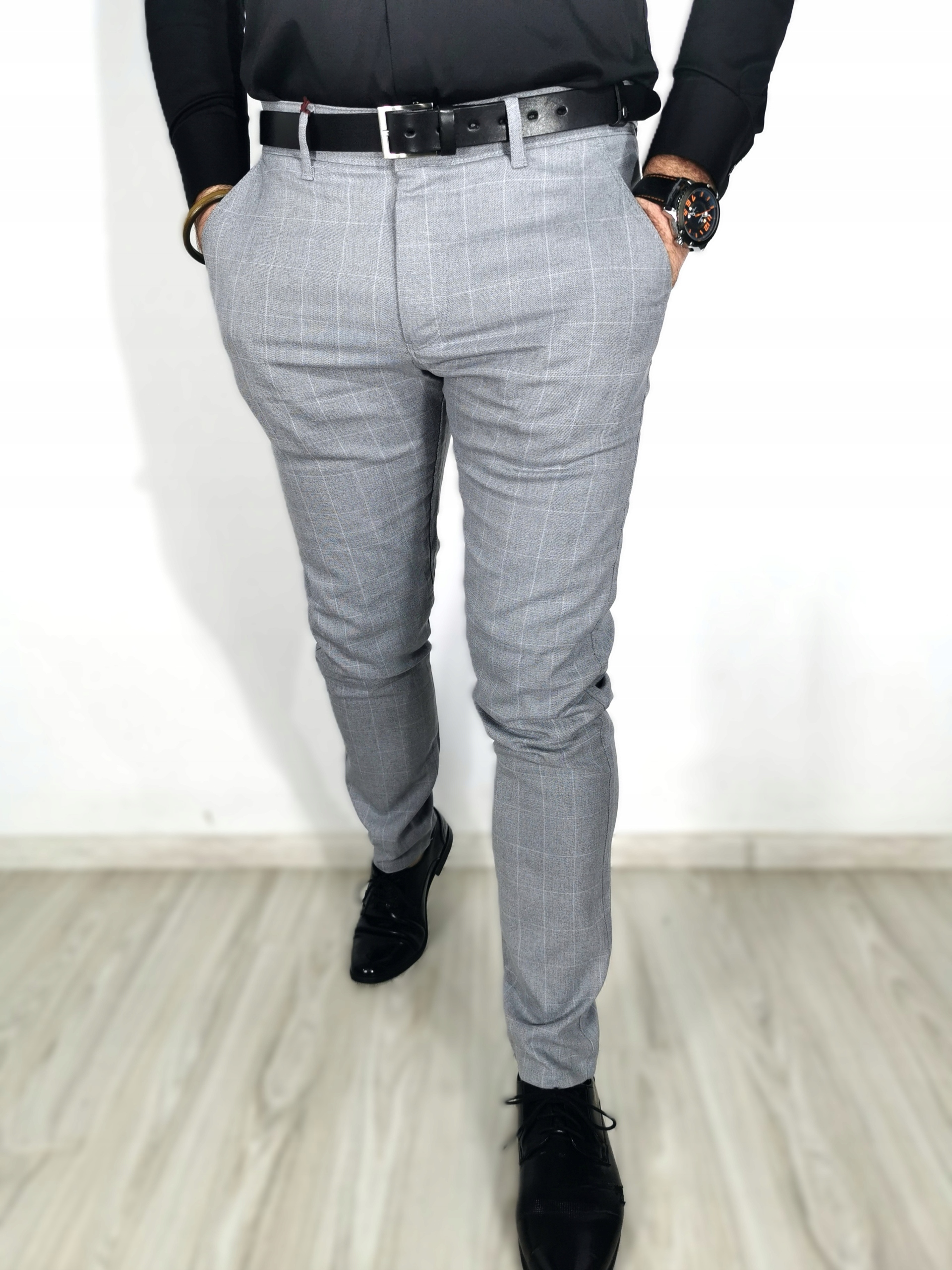 Pánské šedé elegantní kalhoty s bílou kostkovanou strukturou Slim Vp 38