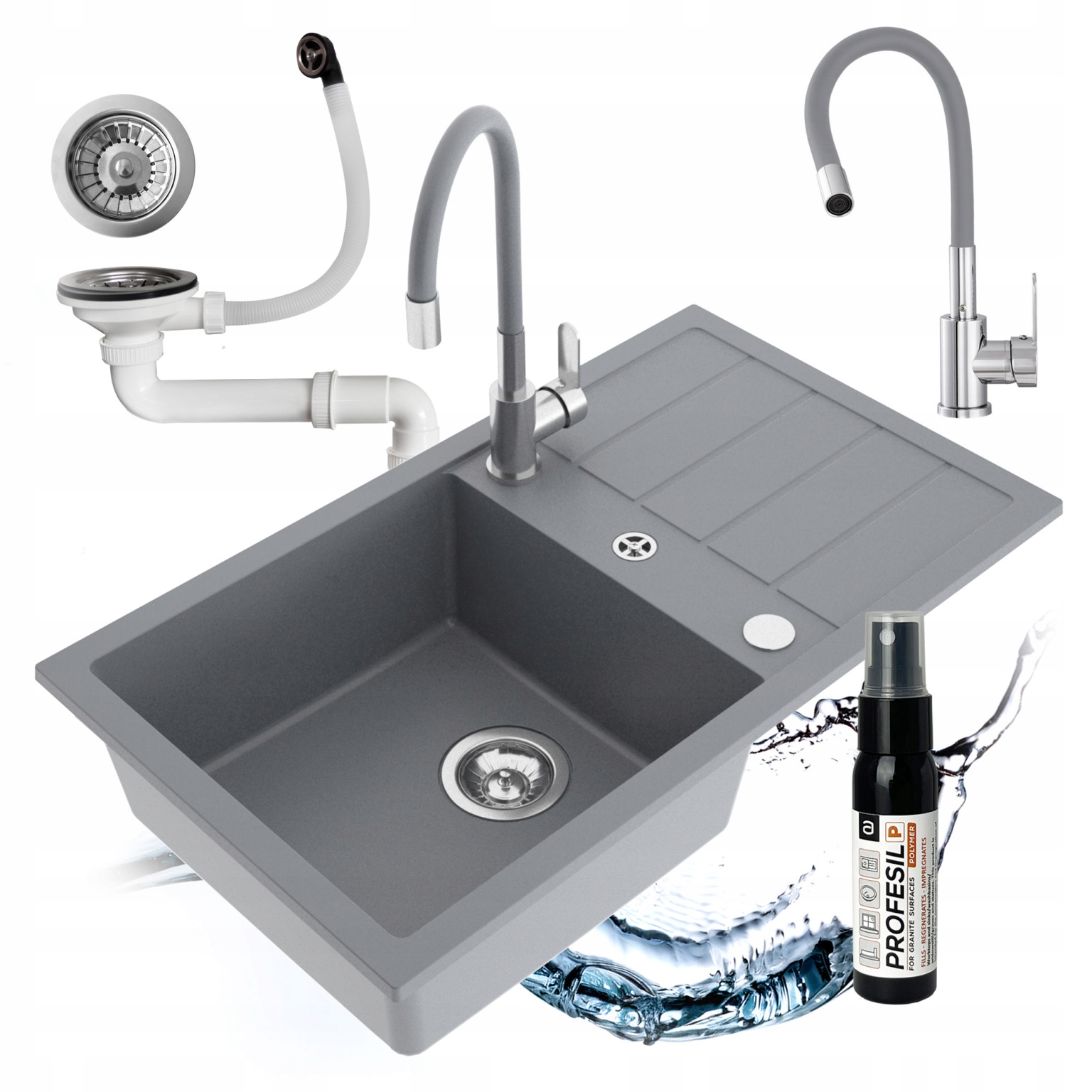 Drezový Kuchynský Drez Granitový Jednokomorový Batéria Flexibilný Sifón