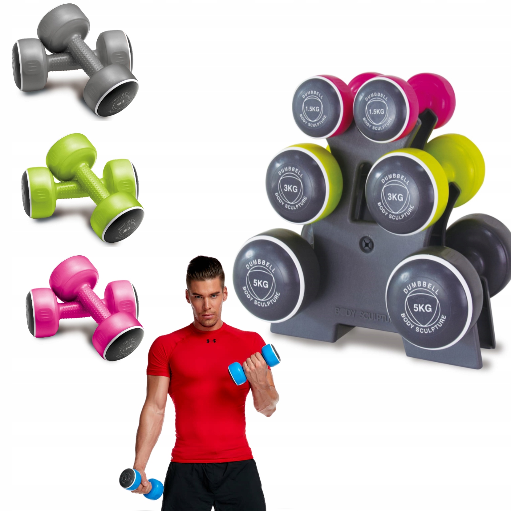 

Zestaw Hantle Ciężarki 19kg 1,5kg +3kg +5kg Stojak