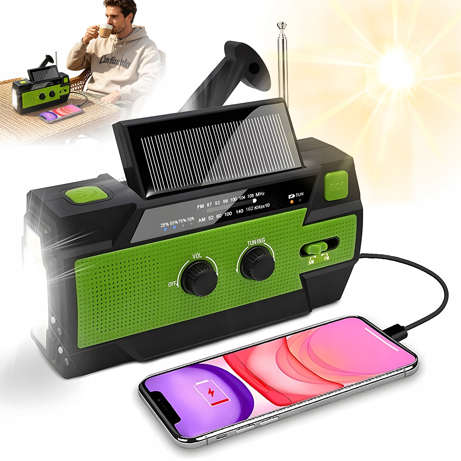 Rádiová Svítilna Am/fm 4000MAH Zelená Usb Solární Ruční Pro Kempování