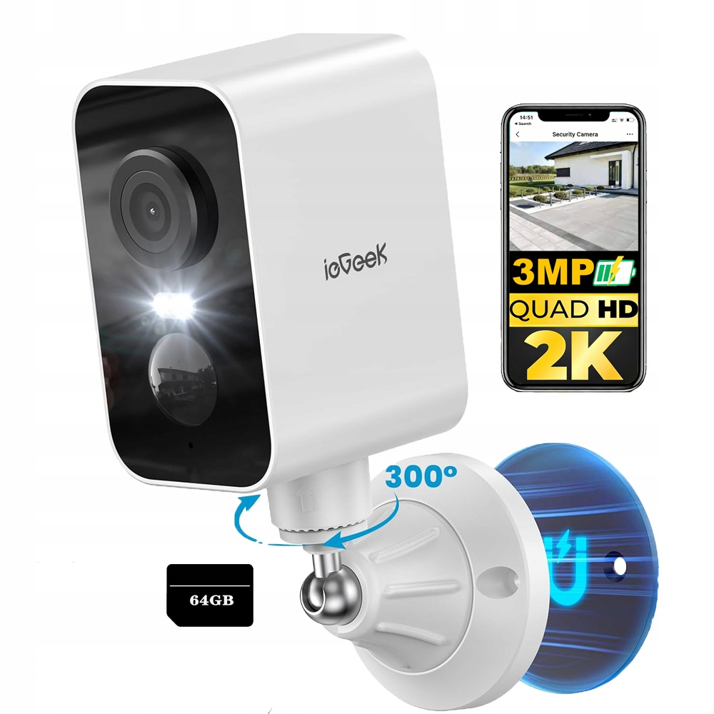 2K kamera pro venkovní monitorování s baterií, magnetická montáž 64GB
