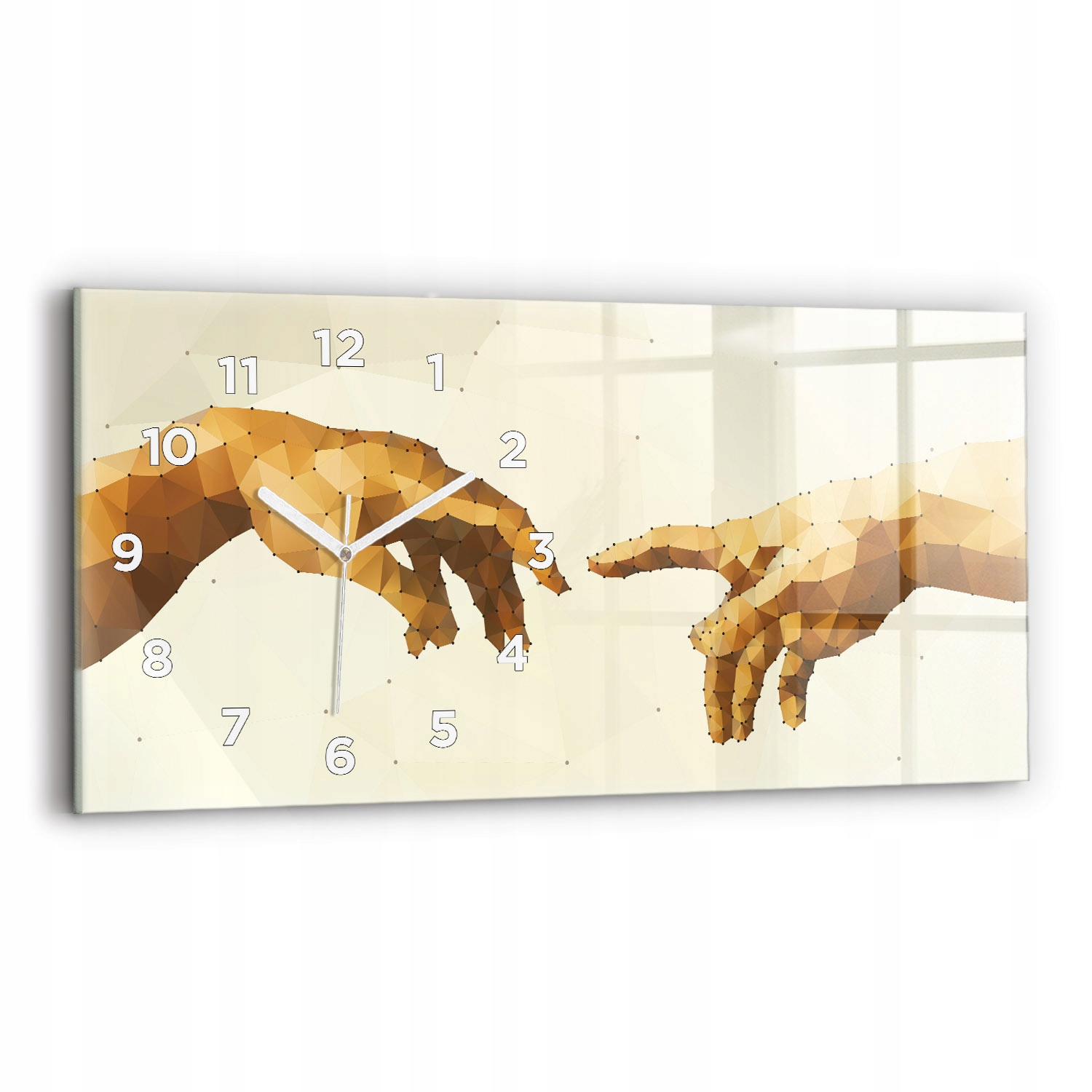 Moderní skleněný nástěnný hodinový stroj s grafikou 60 x 30 cm Stvoření Adama
