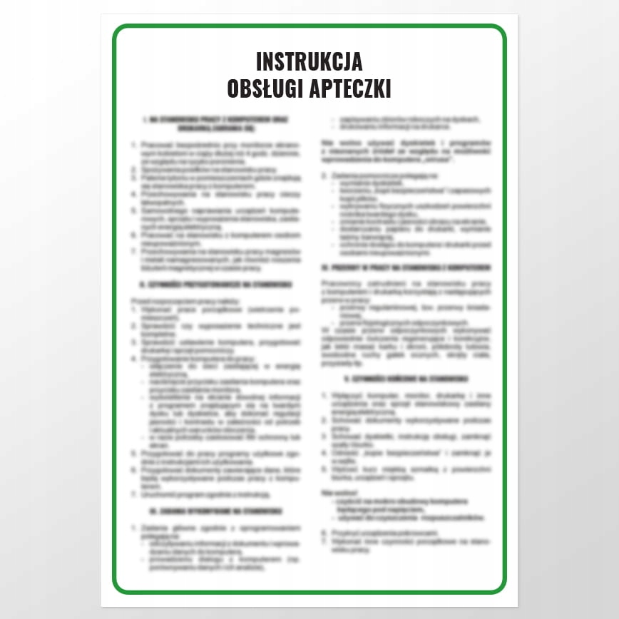 APTECZKA PIERWSZEJ POMOCY INSTRUKCJA OBSŁUGI ZESTAW PIERWSZEJ POMOCY BHP Rodzaj wisząca / stacjonarna