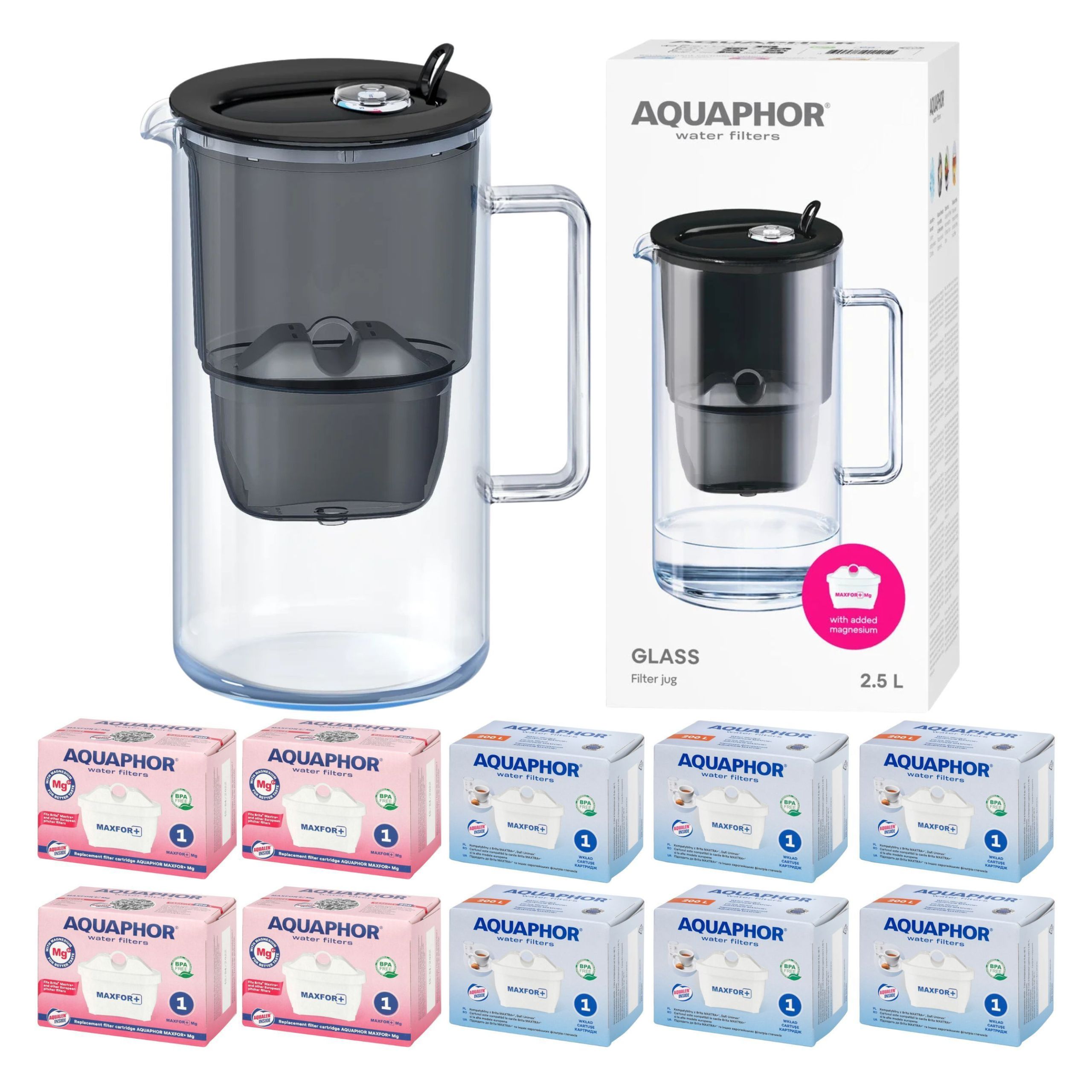 Skleněná filtrační konvice Aquaphor Glass černá 10 filtrů (4Mg+6)