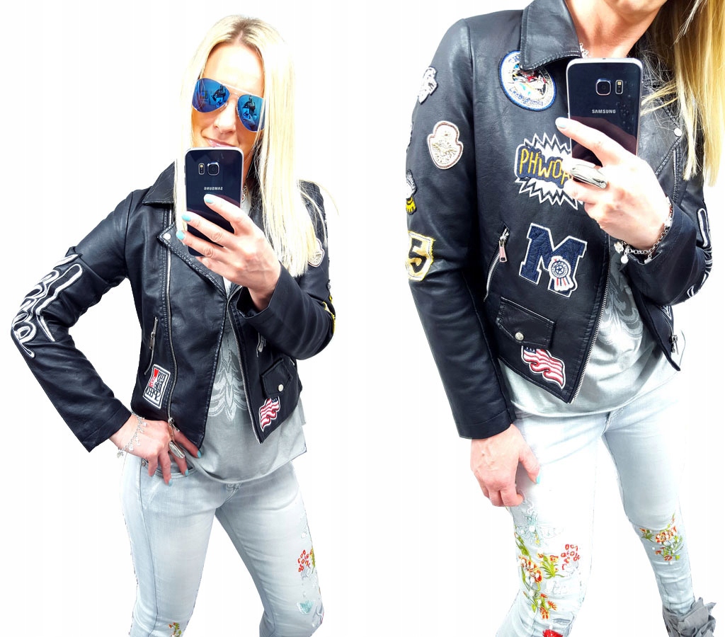 

Kurtka Skóra Ramoneska Moto Biker Haft Naszywki S