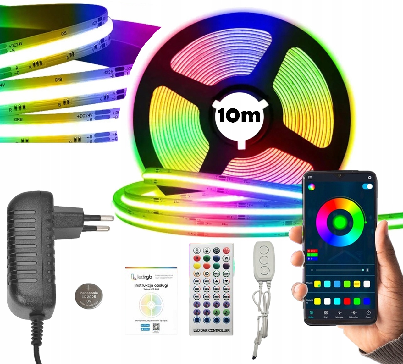 Taśma Led 10M (1x10m) Cob Neon Rgbic 576/m Bluetooth Aplikacja Pilot Zestaw