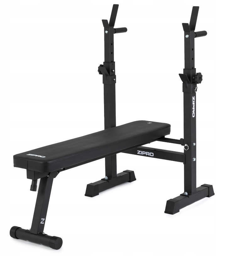 ŁAWECZKA TRENINGOWA PŁASKA ŁAWKA PROSTA DO ĆWICZEŃ + STOJAKI POD SZTANGĘ Marka Zipro