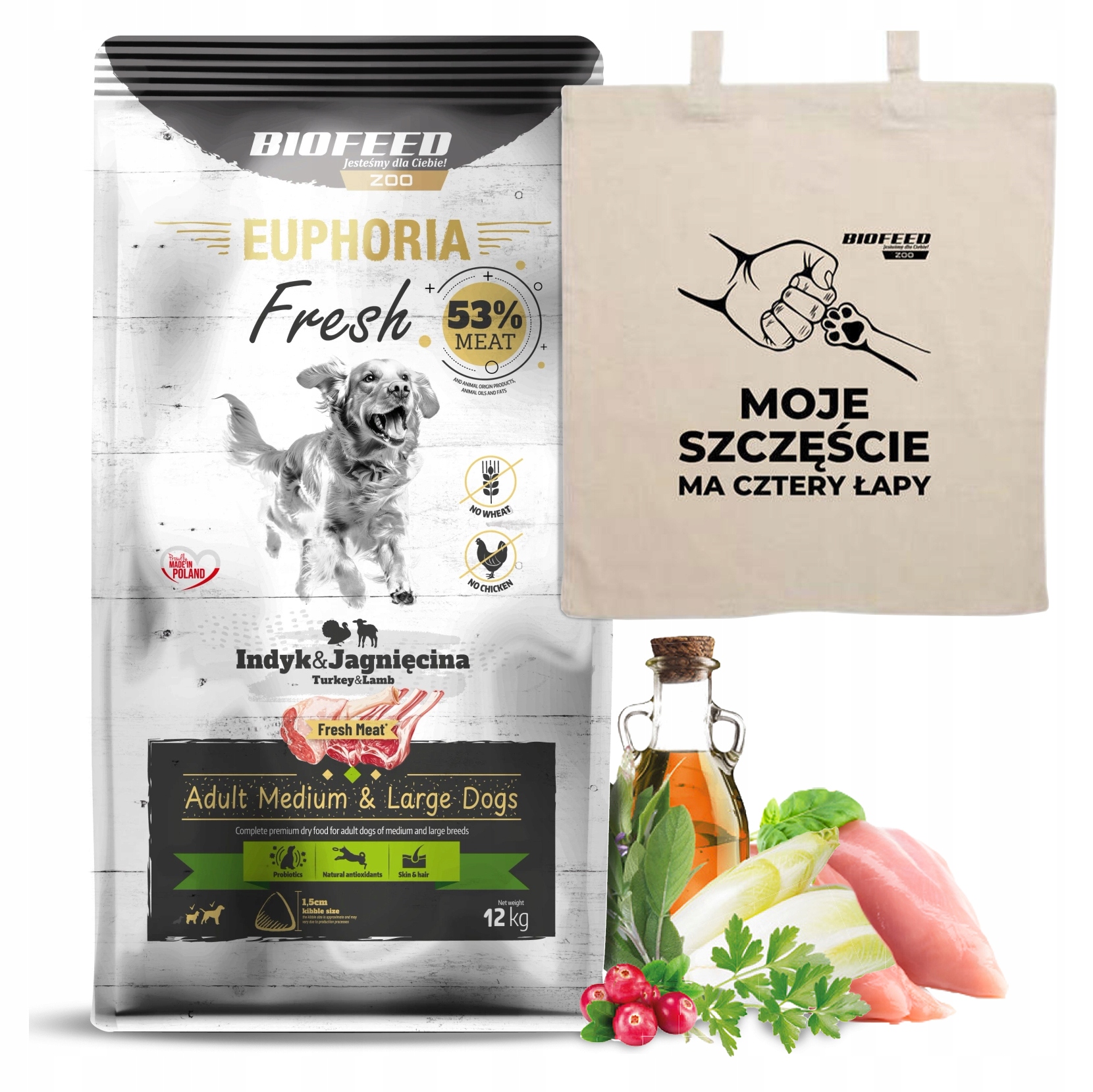 Biofeed Euphoria Fresh Meat Adult 12kg Indyk Jagnięcina Medium Large +torba
