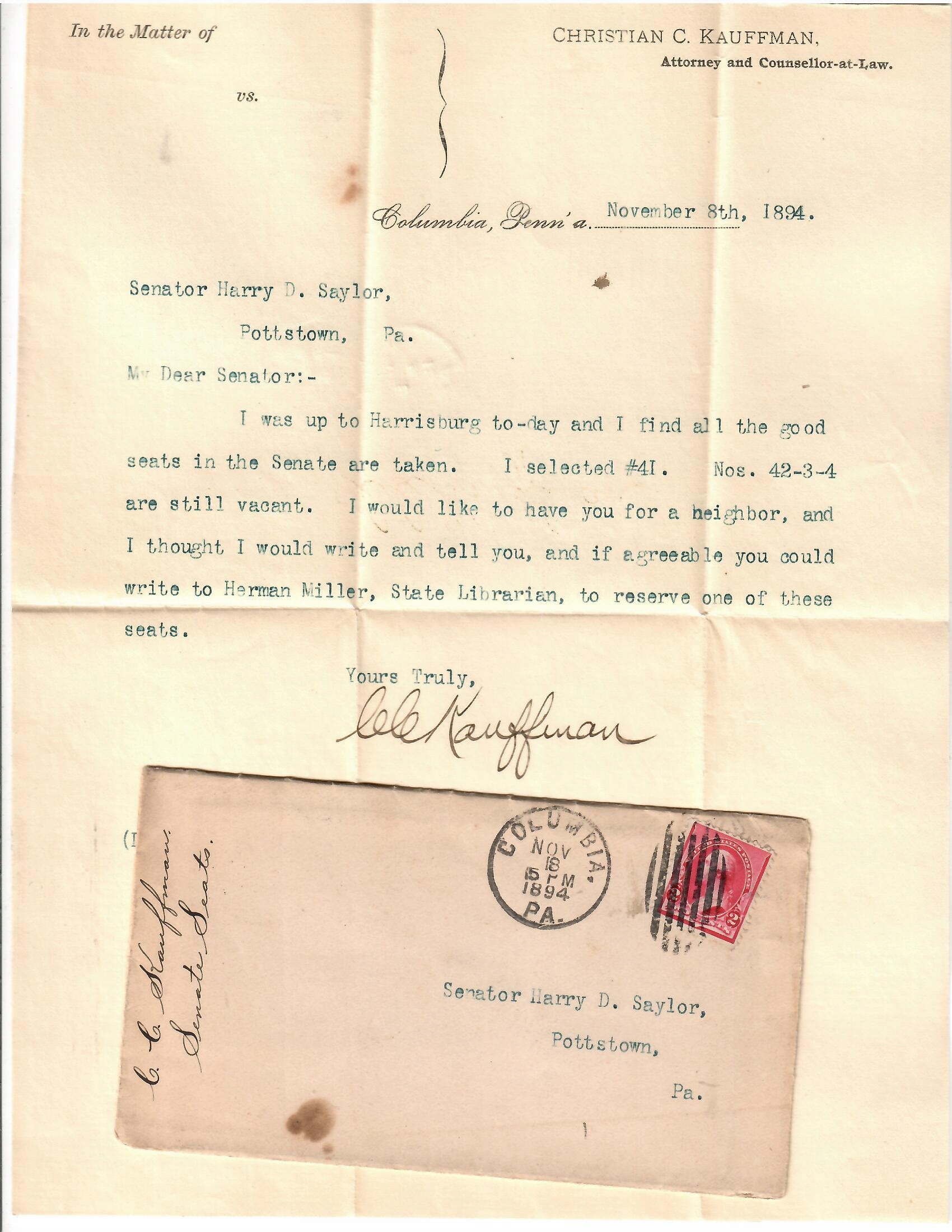 США, 1894 год. Конверт с письмом.